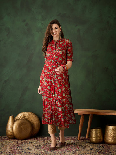 Red Gold Print Button Down Kurta