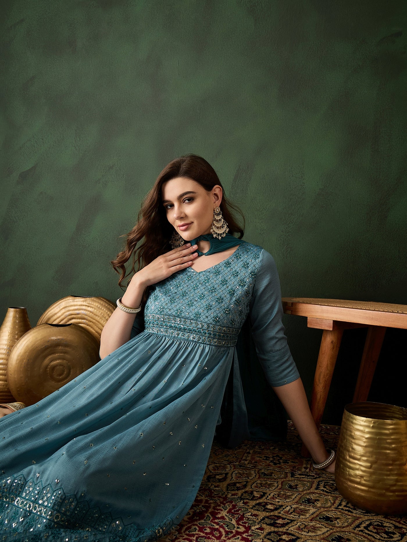 Blue Embroidered Nyra-Cut Kurta Palazzo With Dupatta