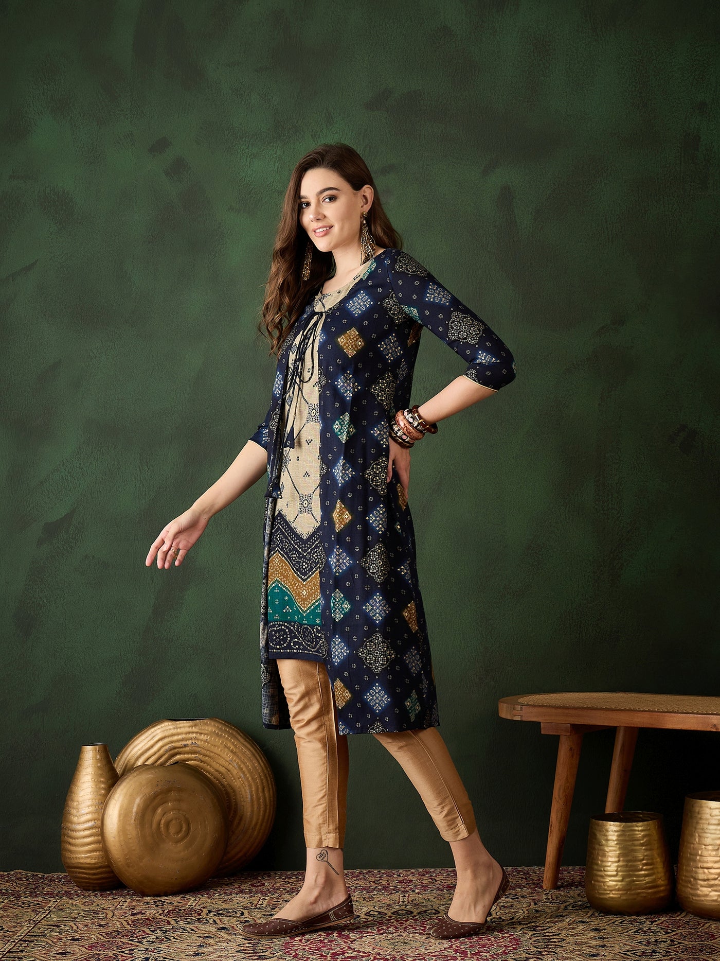 Navy Blue Bandhani Print Kurta With Jacket Set