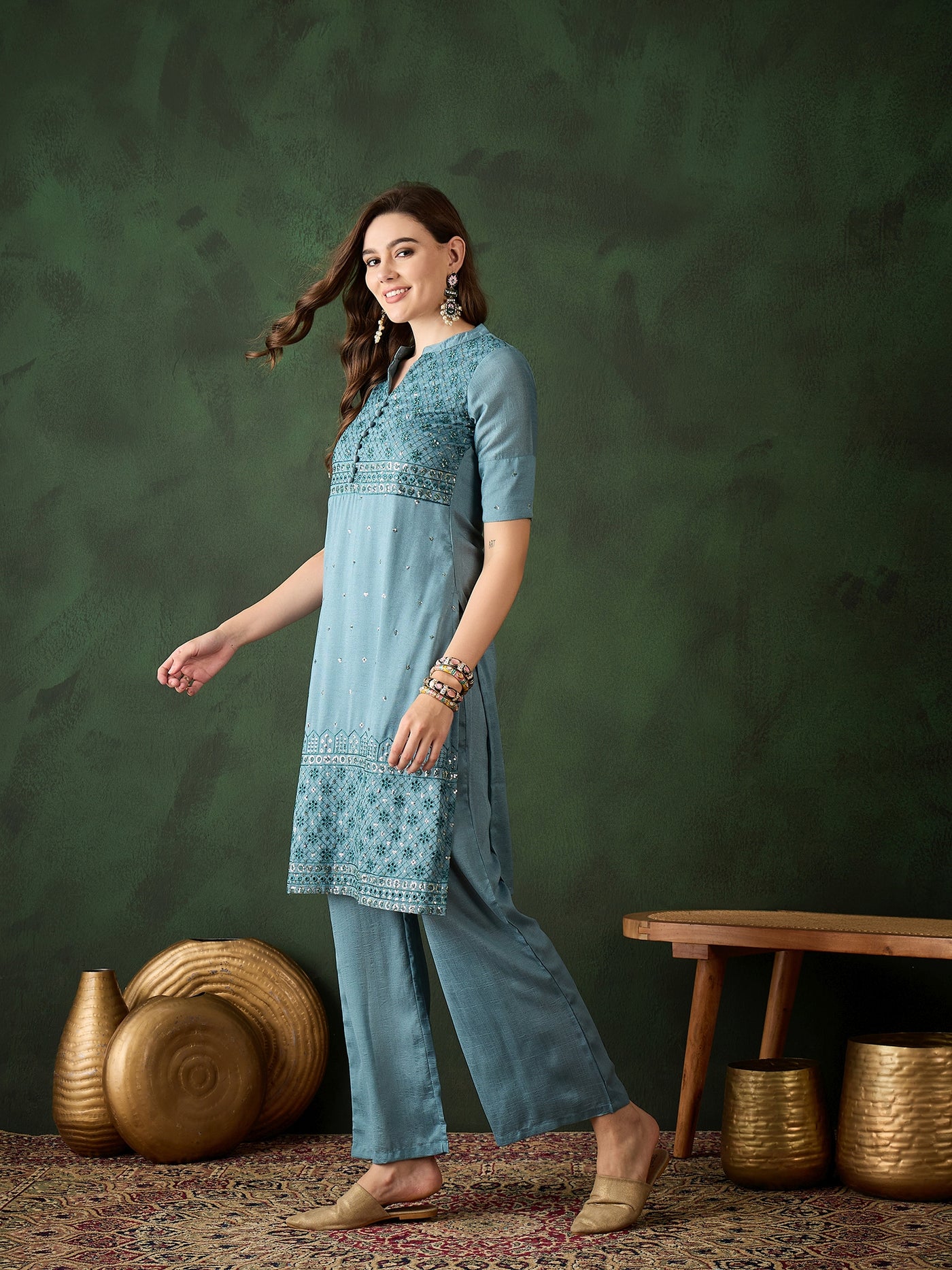 Blue Embroidered Kurta With Palazzo