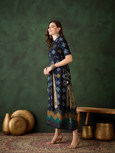 Navy Blue Bandhani Print Layered Maxi Dress