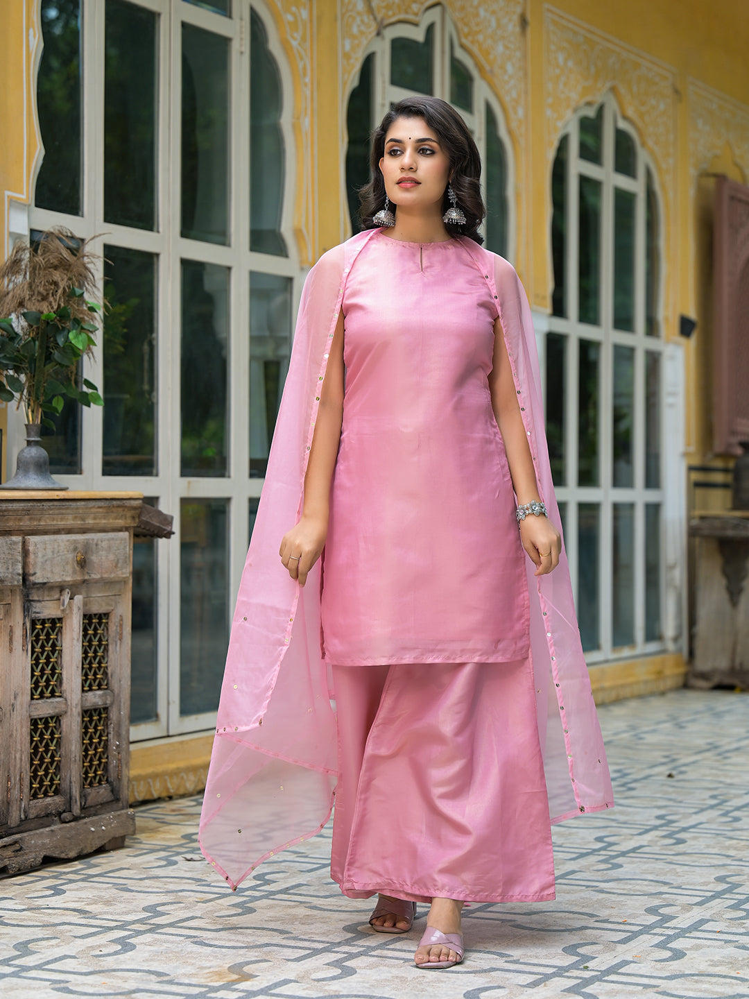 Blush Pink Sleevessless Kurta Sharara With Organza Sequinned Dupatta