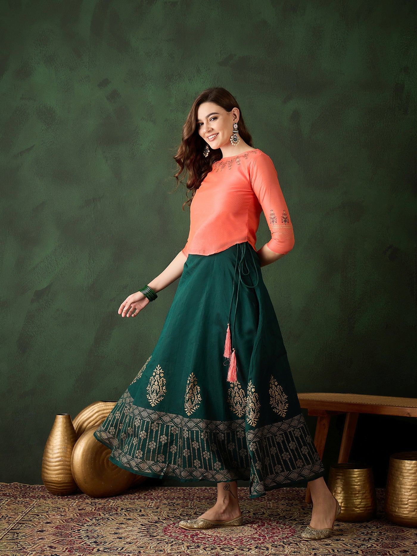 Green & Peach Block Print Lehenga Choli