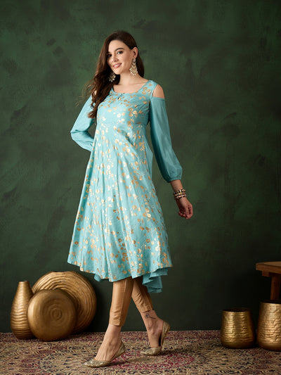 Pastel Blue Foil Print Flared Anarkali