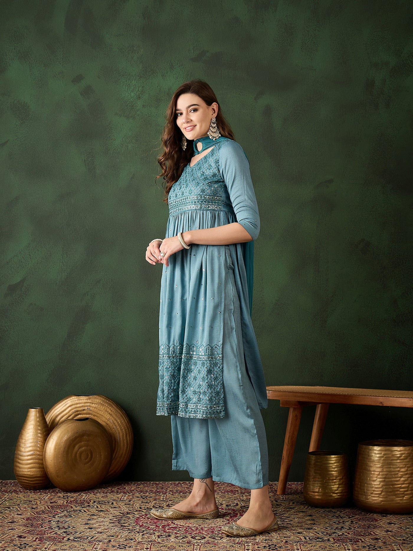 Blue Embroidered Nyra-Cut Kurta Palazzo With Dupatta