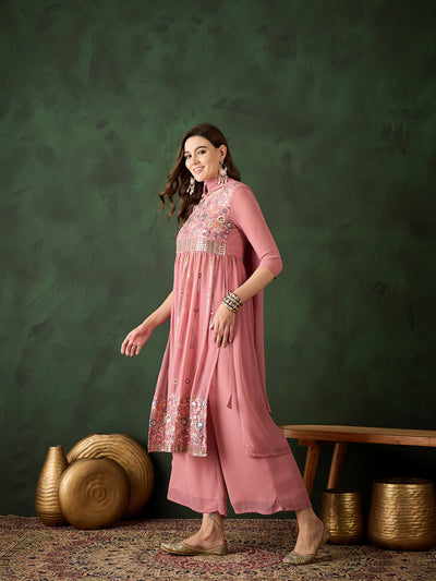 Pink Embroidered Nyra-Cut Kurta Palazzo With Dupatta