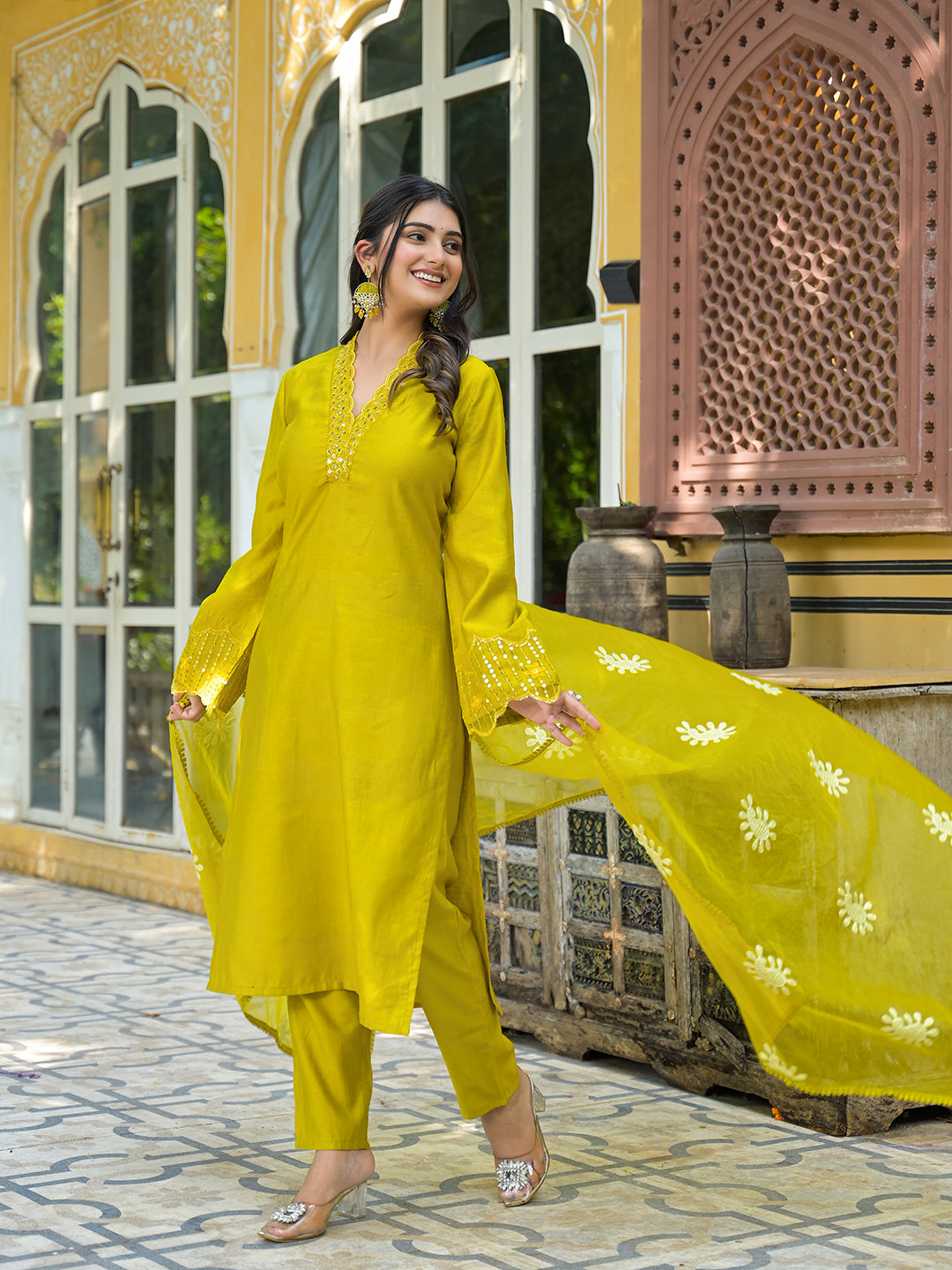 Lime Green Embroidered Pakistani Kurta Set With Embroidered Dupatta