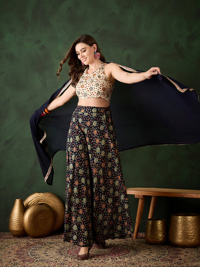 Navy Blue Gold Printed Lehenga Choli With Dupatta