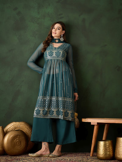 Teal Embroidered Nyra-Cut Kurta Palazzo With Dupatta