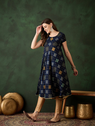 Navy Blue Bandhani Print Anarkali