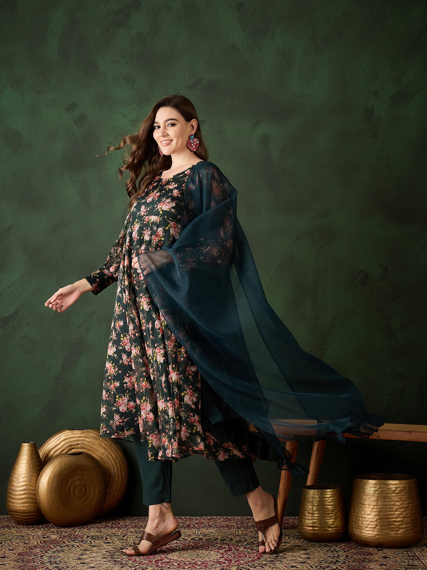 Green Floral Print Anarkali Pant With Dupatta