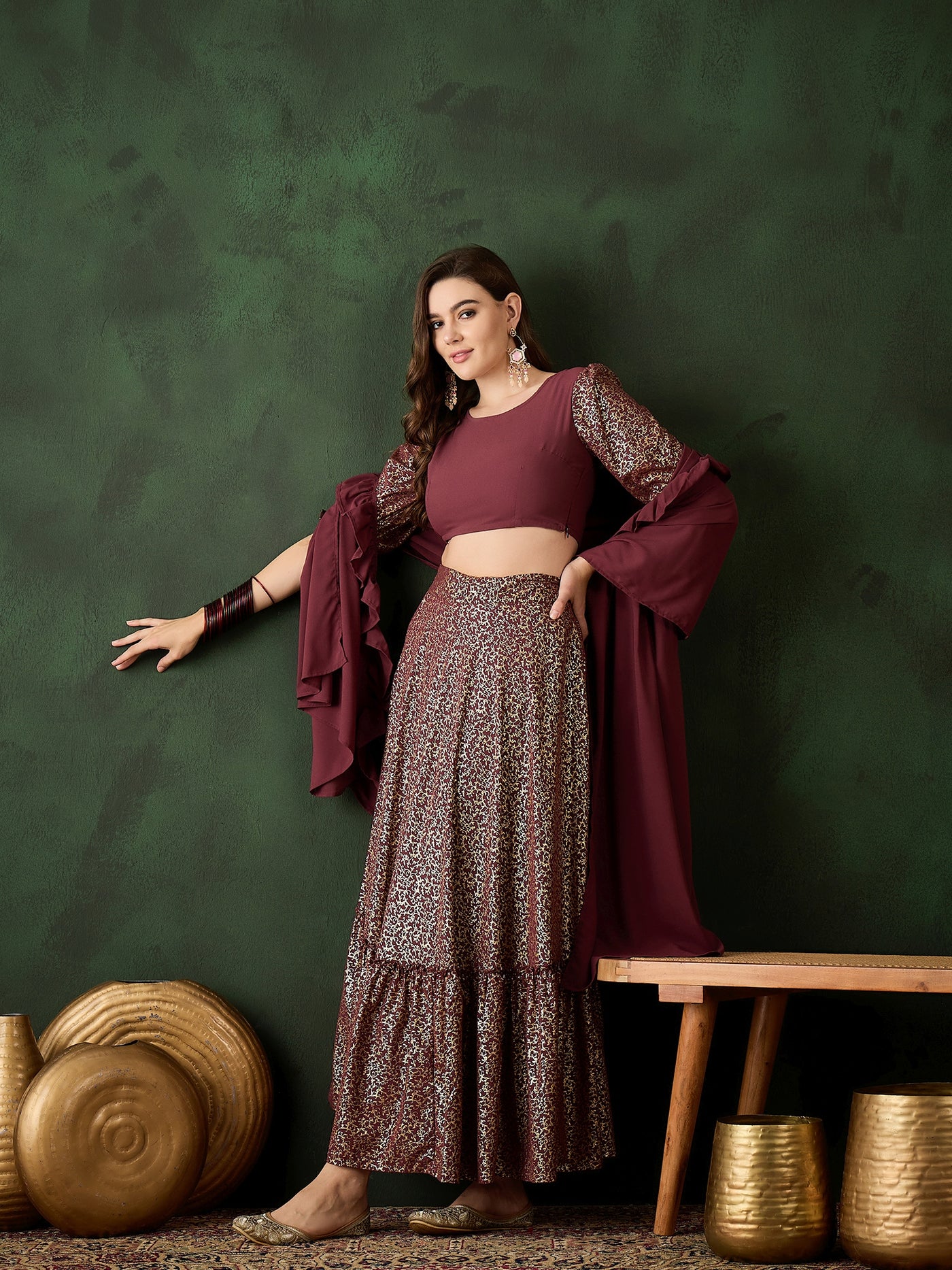 Burgundy Foil Printed Lehenga Choli With Dupatta