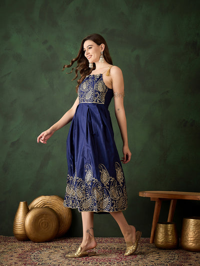 Navy Blue Embroidered Flared Maxi Dress