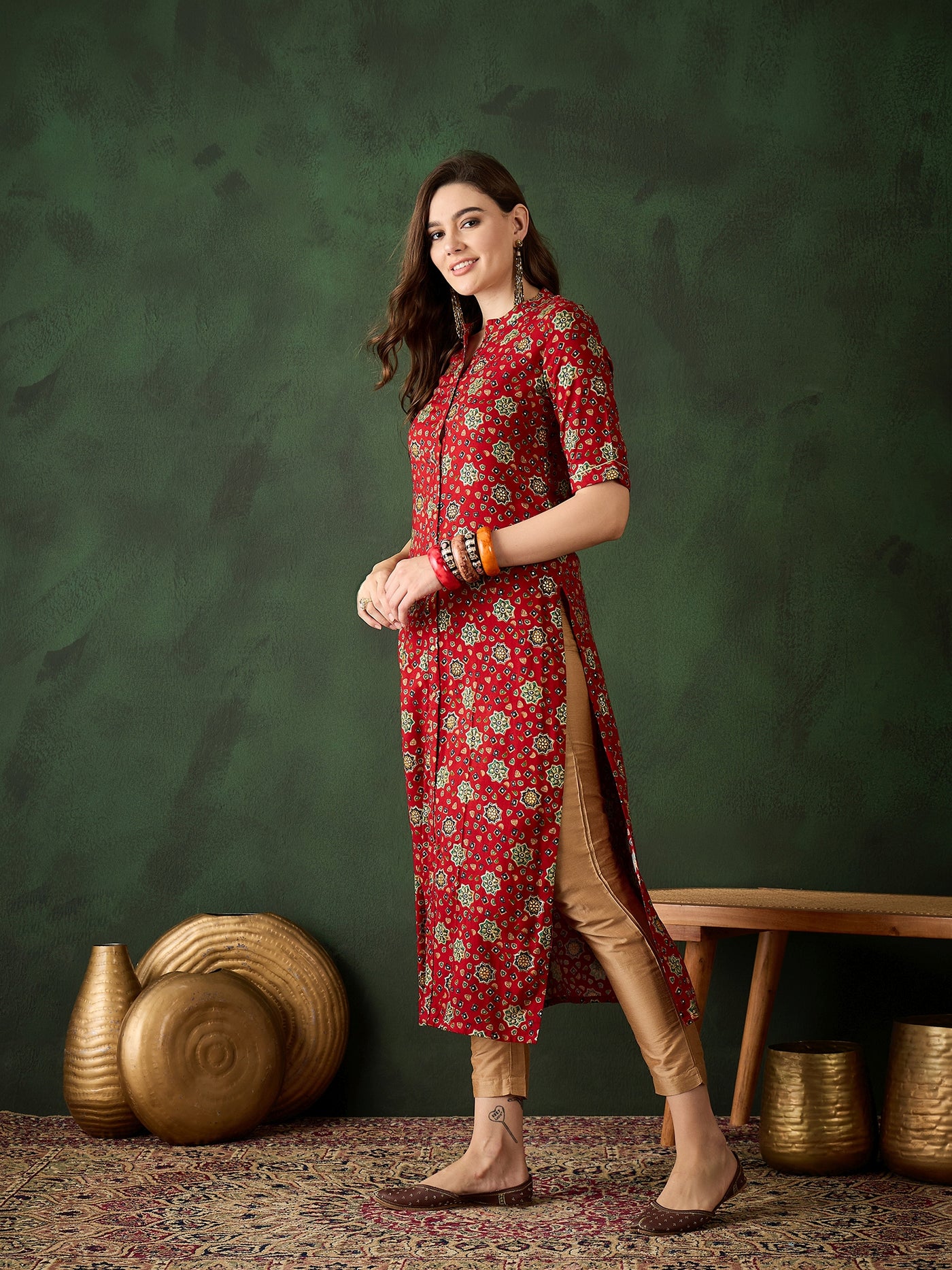 Red Gold Print Button Down Kurta