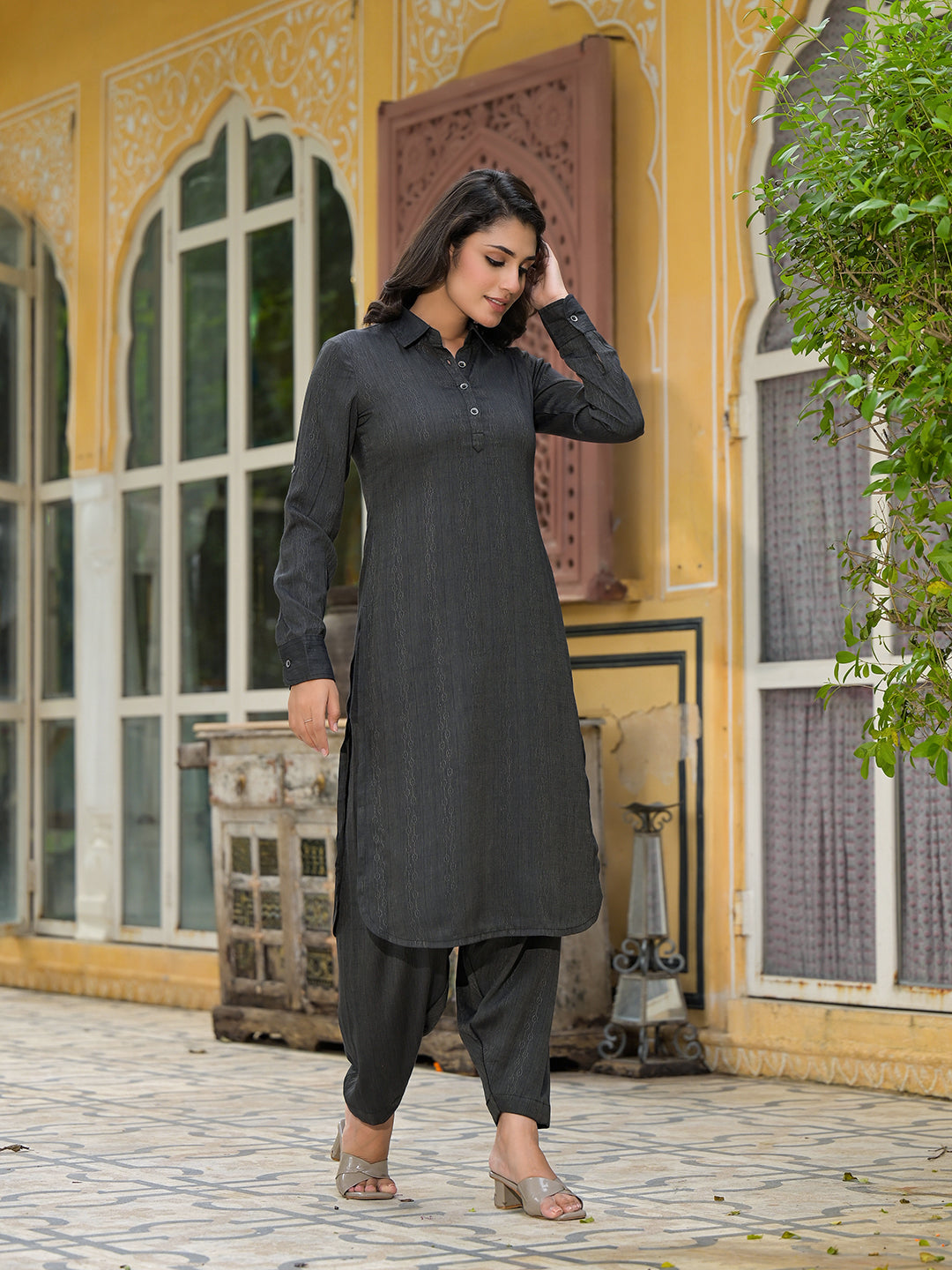 Black Self Design Pathani Kurta