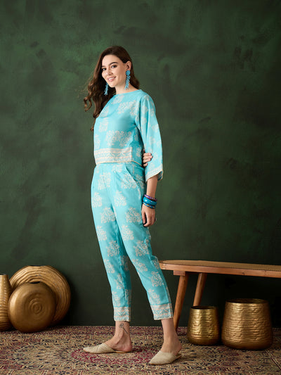 Turquoise Blue Floral Print Co-Ord Set