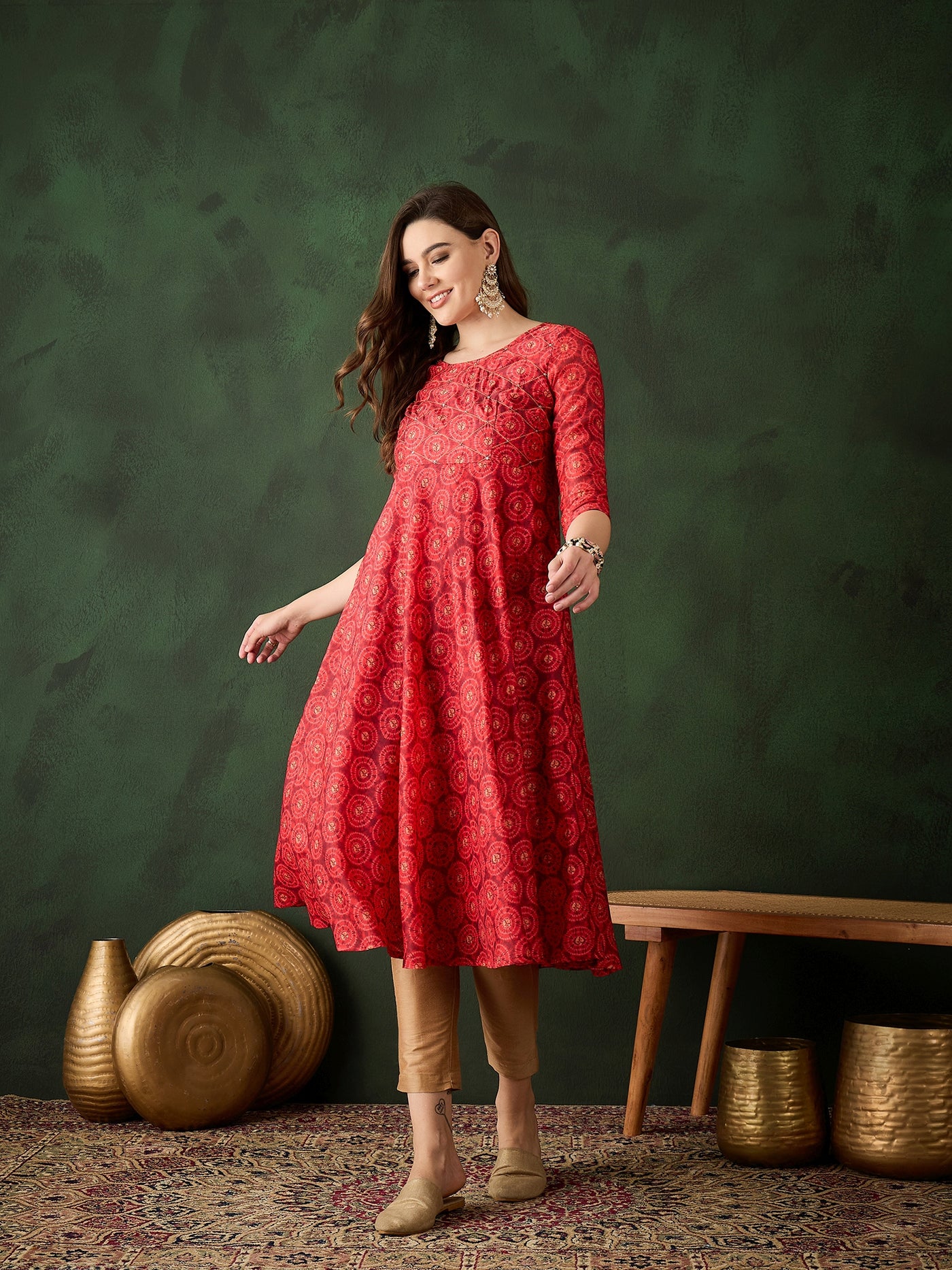 Red Geometric Print Anarkali