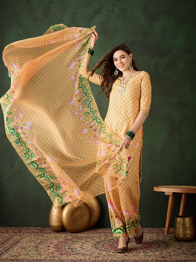 Yellow Pichwai Print Kurta Palazzo With Dupatta