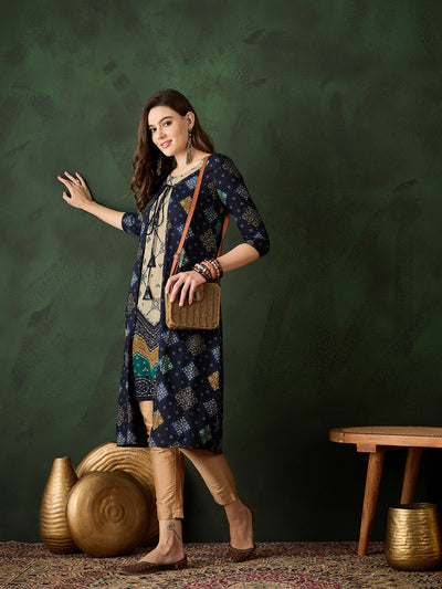 Navy Blue Bandhani Print Kurta With Jacket Set