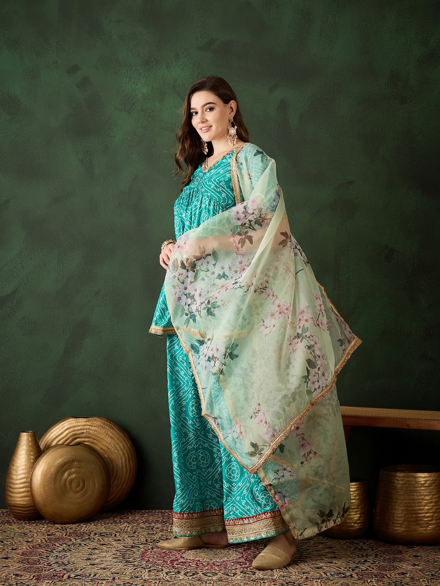 Green Bandhani Print Kurta Sharara With Dupatta