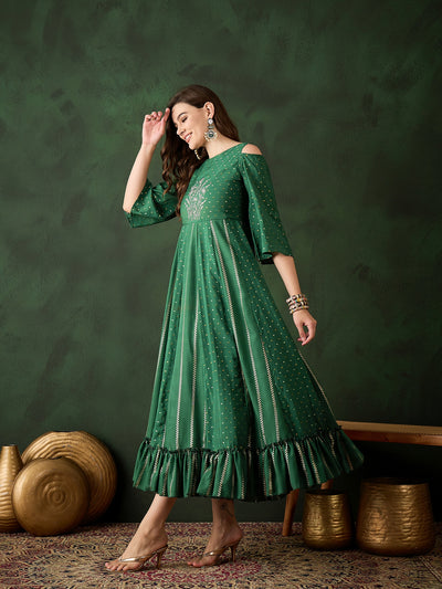 Dark Green Embroidered Flared Maxi Dress