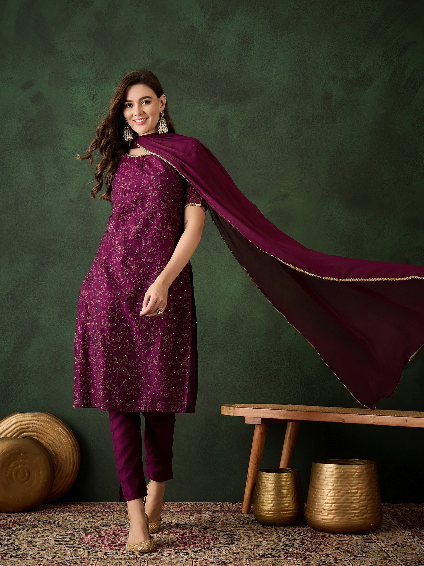 Purple Gold Print Kurta Pant With Dupatta