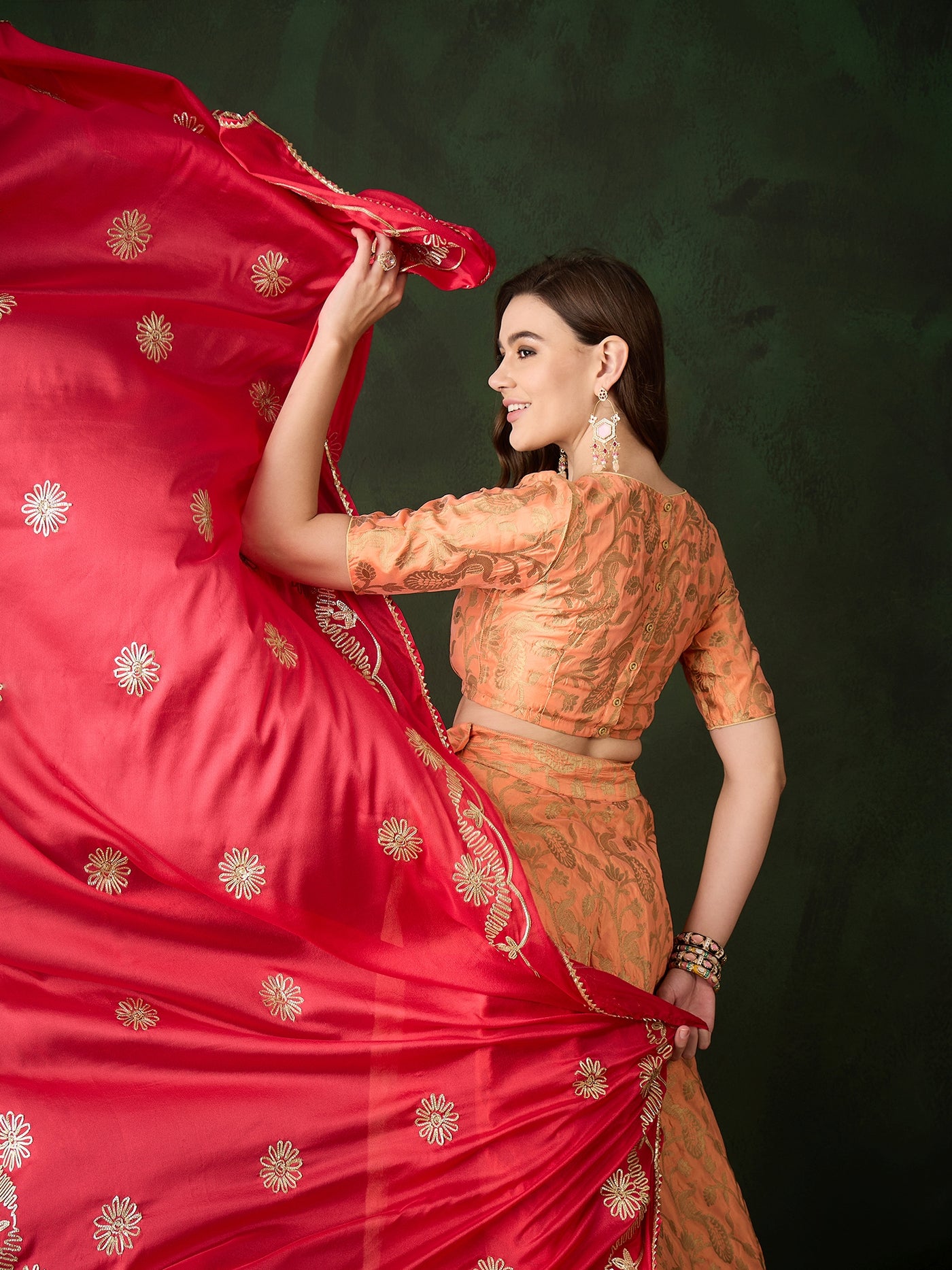 Peach Jacquard Lehenga Choli With Dupatta