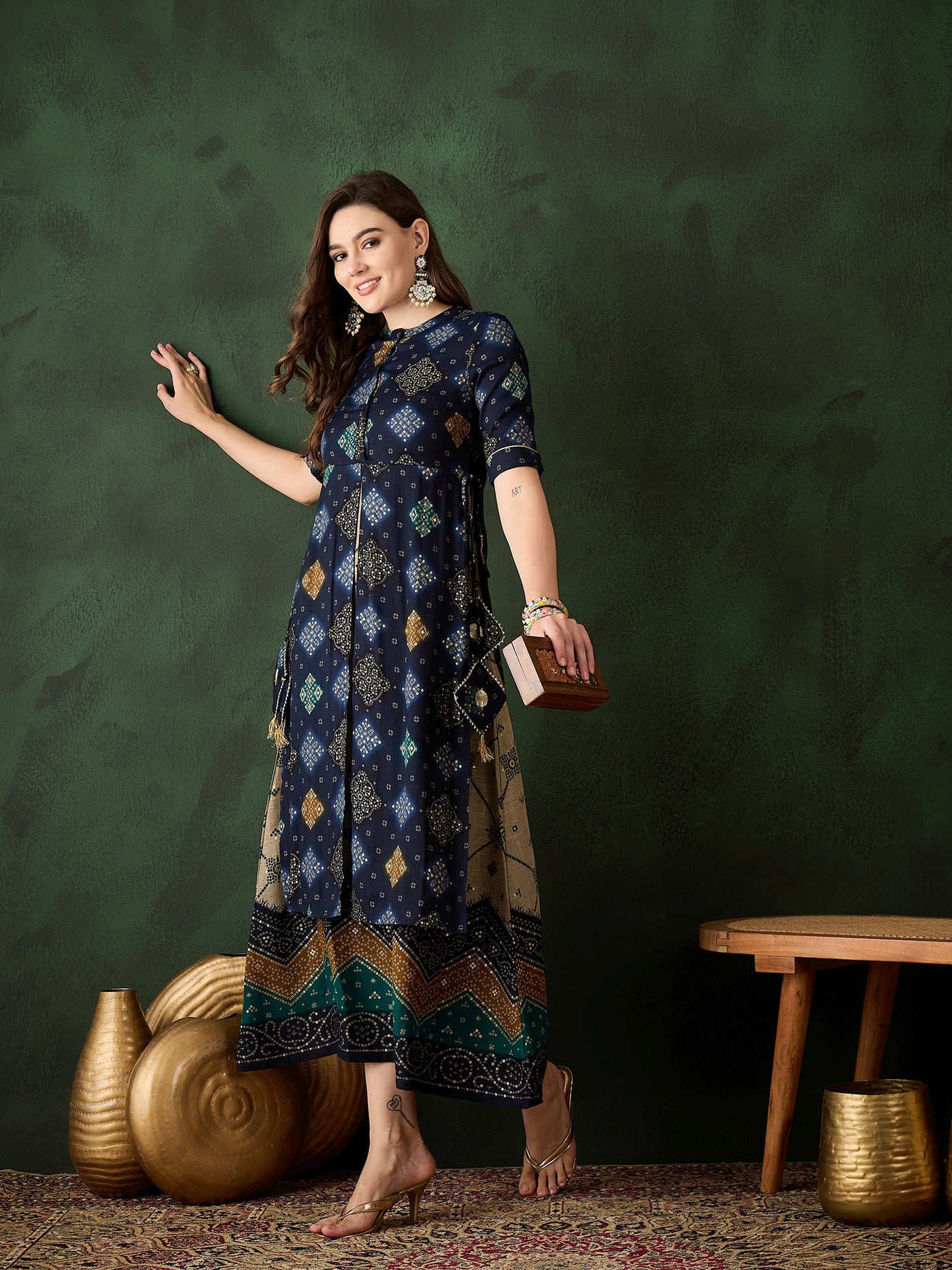 Navy Blue Bandhani Print Layered Maxi Dress