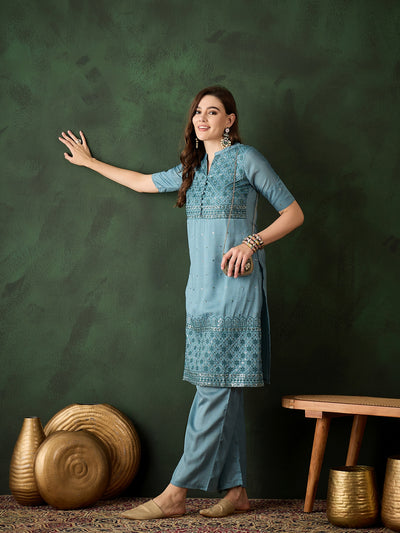 Blue Embroidered Kurta With Palazzo