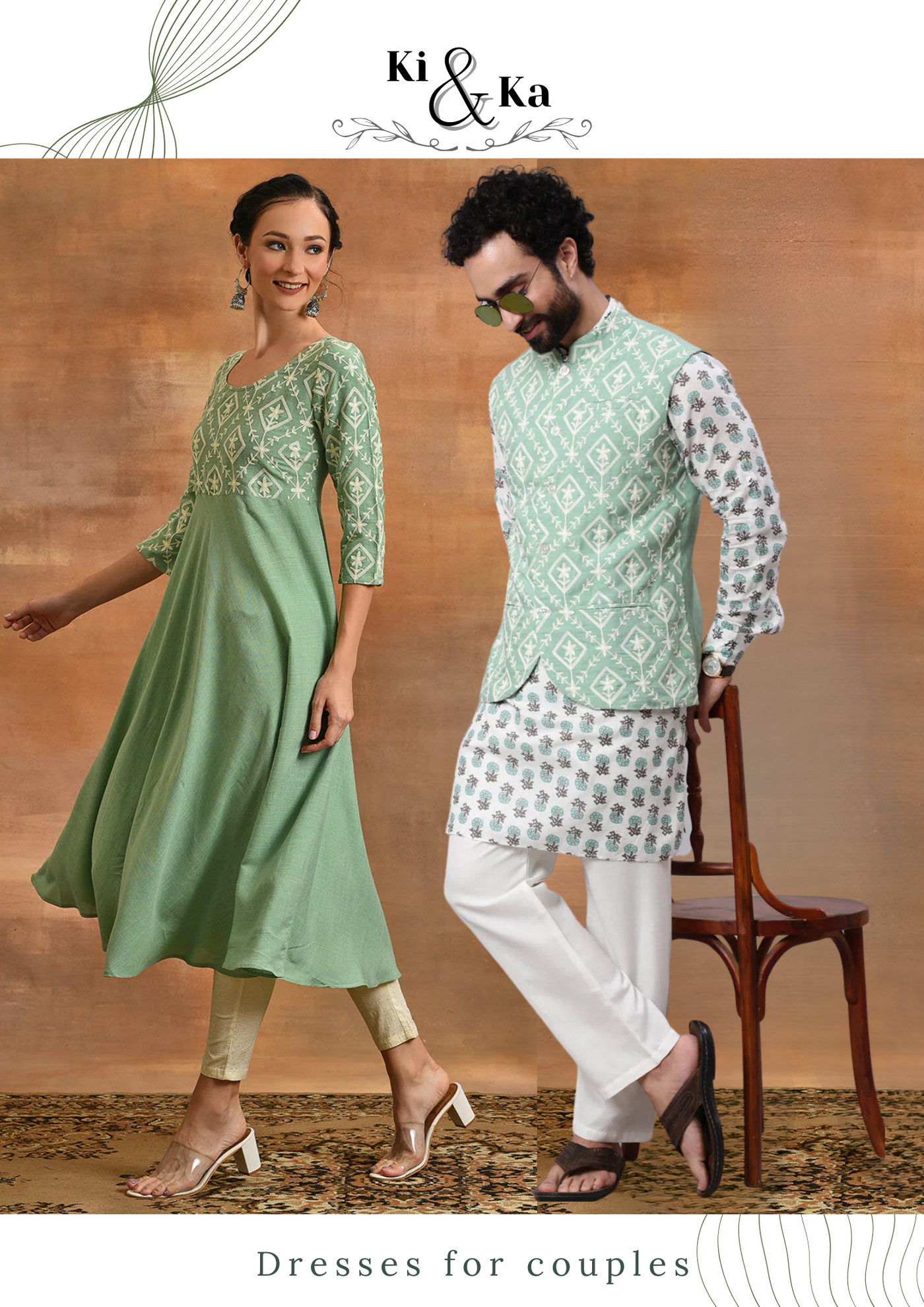 Sea Green Embroidered Couple Combo