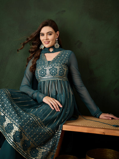 Teal Embroidered Nyra-Cut Kurta Palazzo With Dupatta