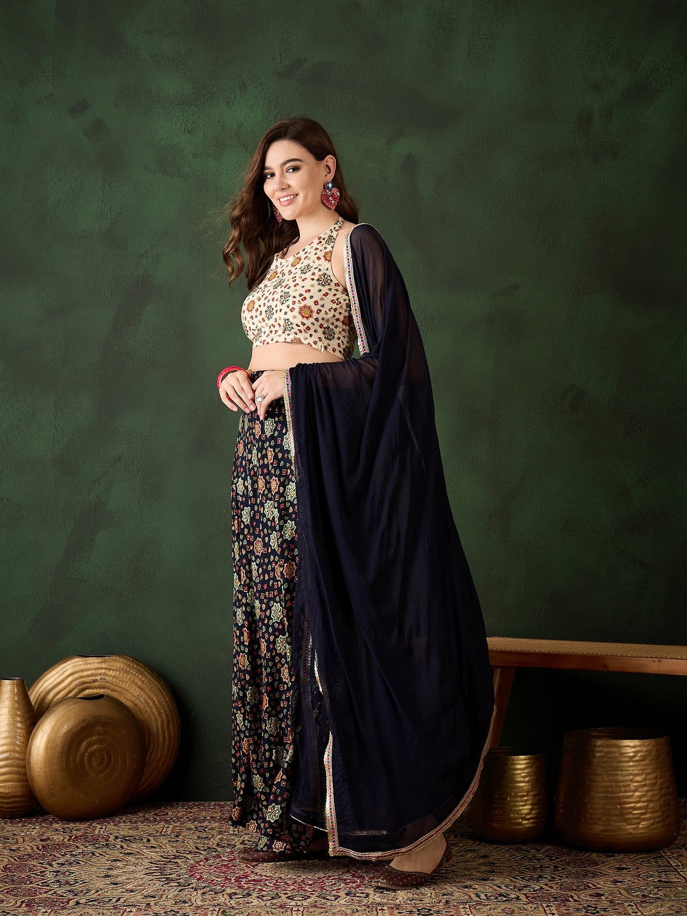 Navy Blue Gold Printed Lehenga Choli With Dupatta