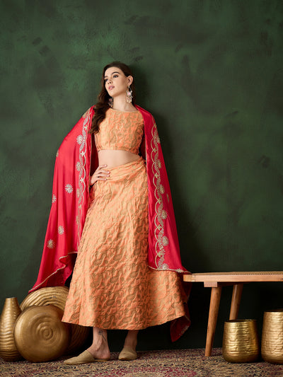 Peach Jacquard Lehenga Choli With Dupatta