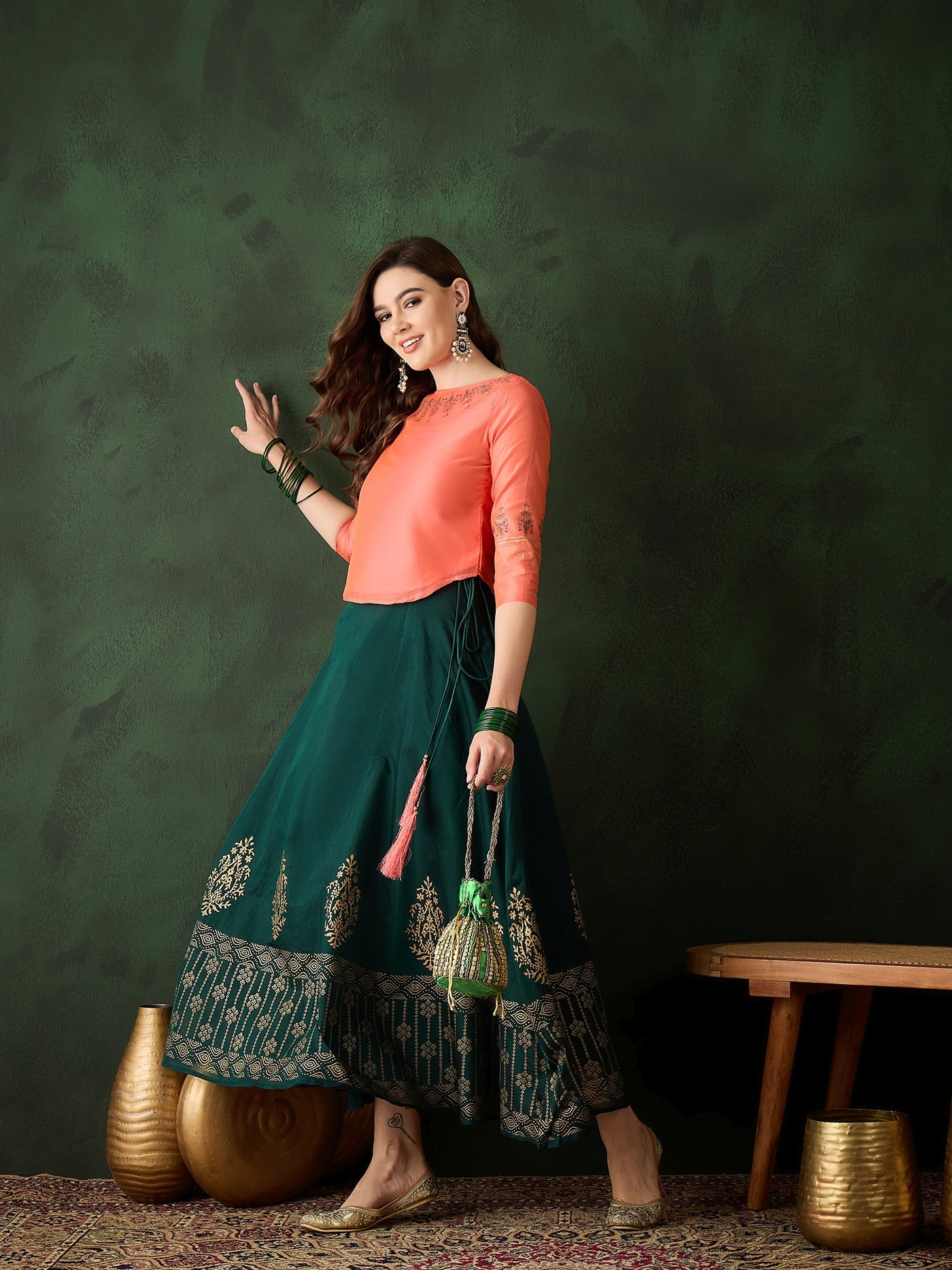 Green & Peach Block Print Lehenga Choli