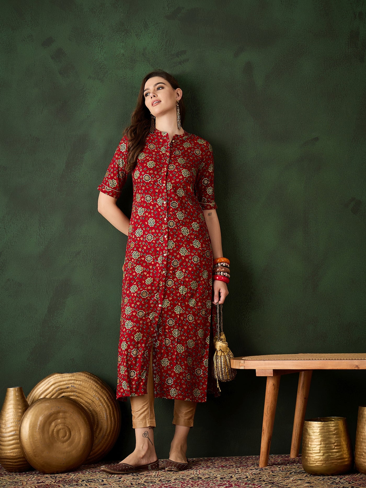 Red Gold Print Button Down Kurta