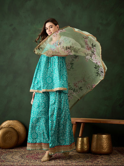 Green Bandhani Print Kurta Sharara With Dupatta