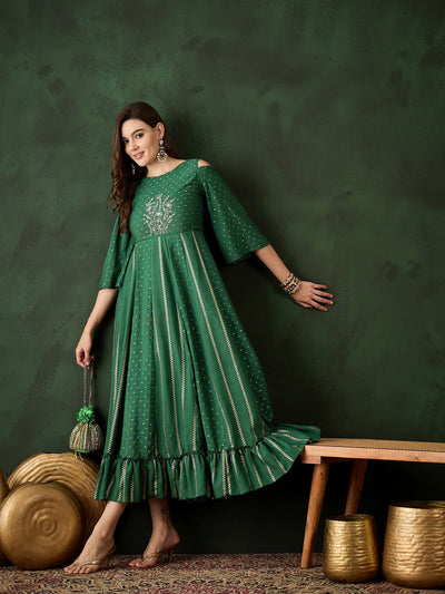 Dark Green Embroidered Flared Maxi Dress