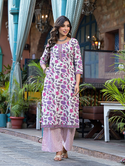 Off-white Kurta Set with pink Floral Print