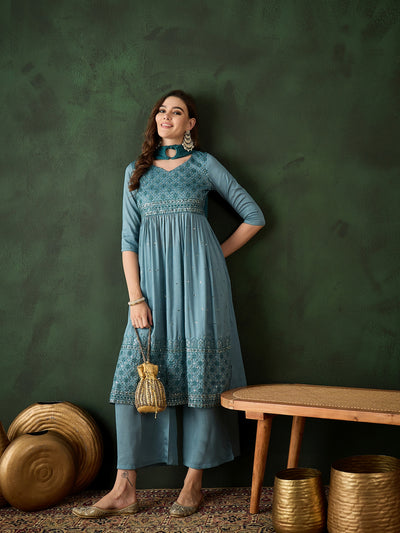 Blue Embroidered Nyra-Cut Kurta Palazzo With Dupatta