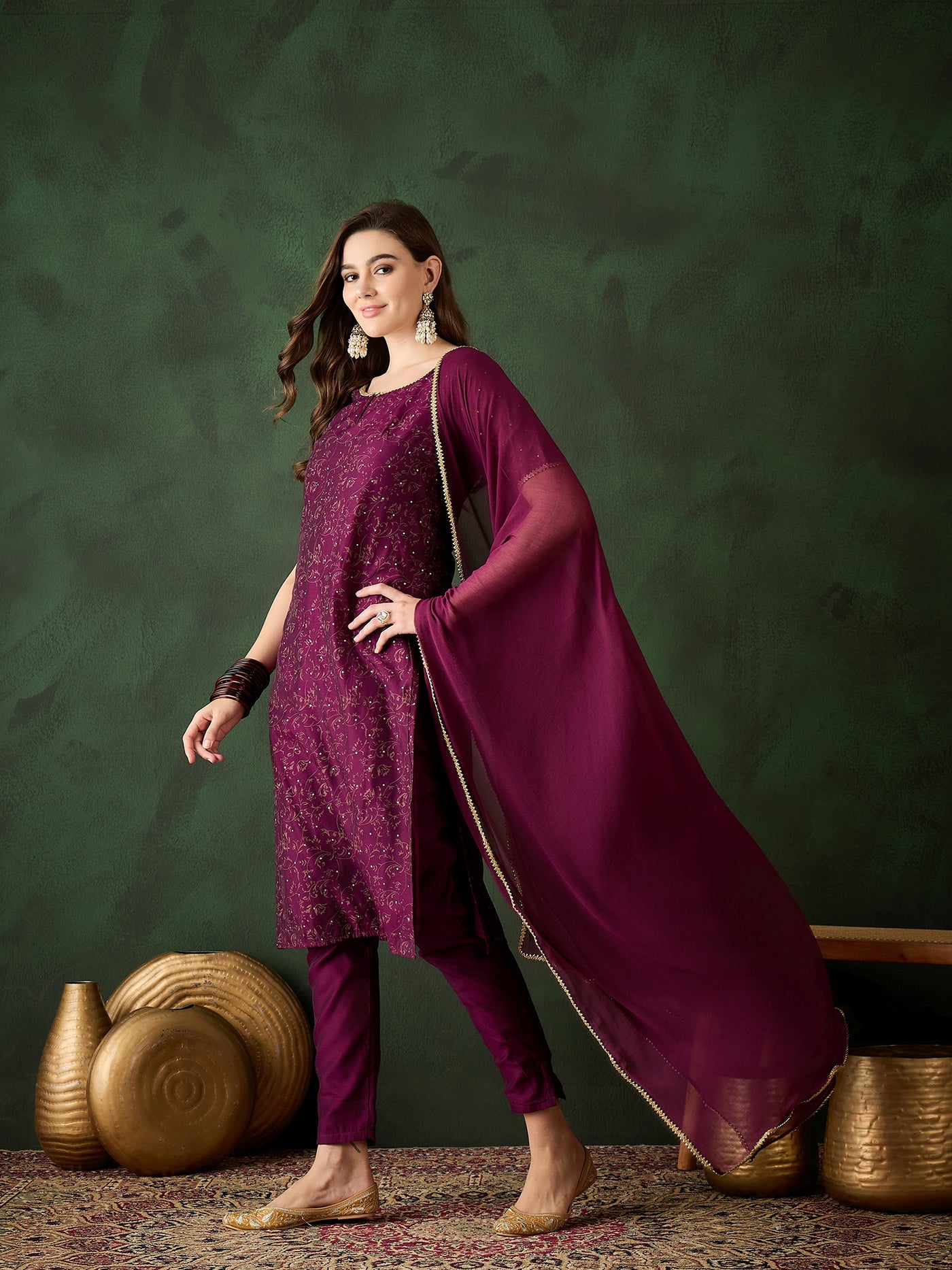 Purple Gold Print Kurta Pant With Dupatta