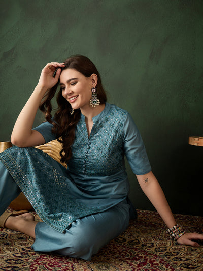 Blue Embroidered Kurta With Palazzo