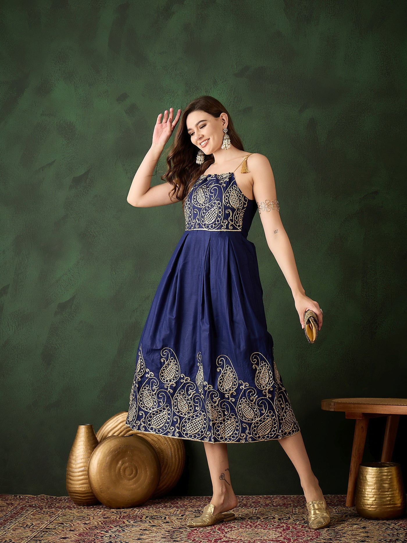 Navy Blue Embroidered Flared Maxi Dress