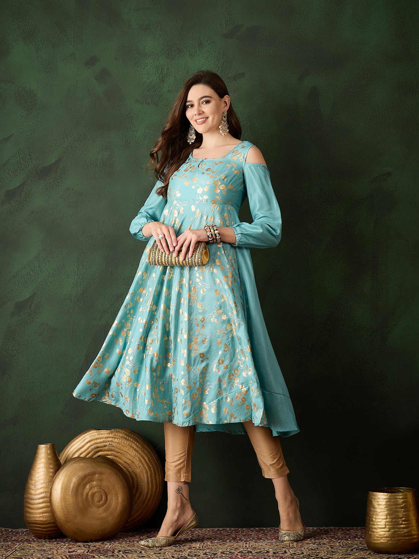 Pastel Blue Foil Print Flared Anarkali