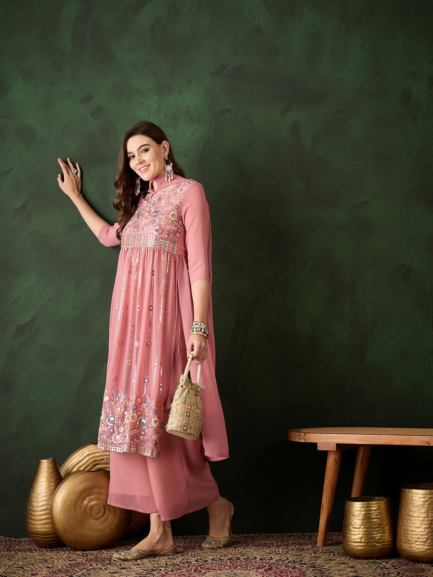 Pink Embroidered Nyra-Cut Kurta Palazzo With Dupatta