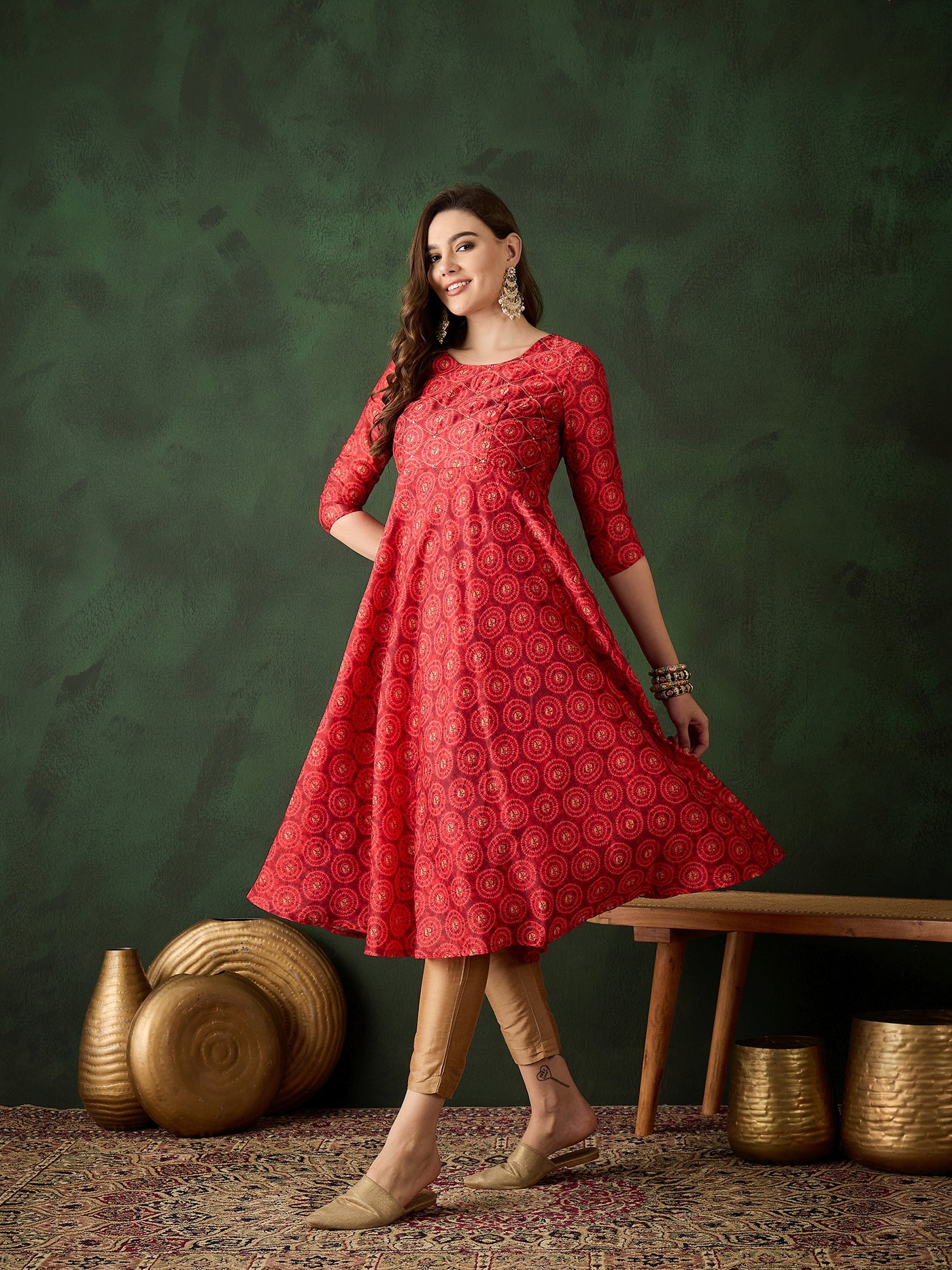 Red Geometric Print Anarkali