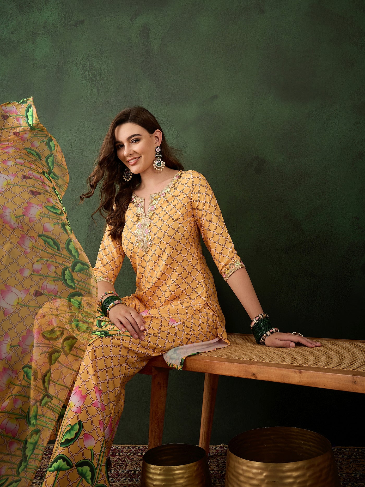 Yellow Pichwai Print Kurta Palazzo With Dupatta