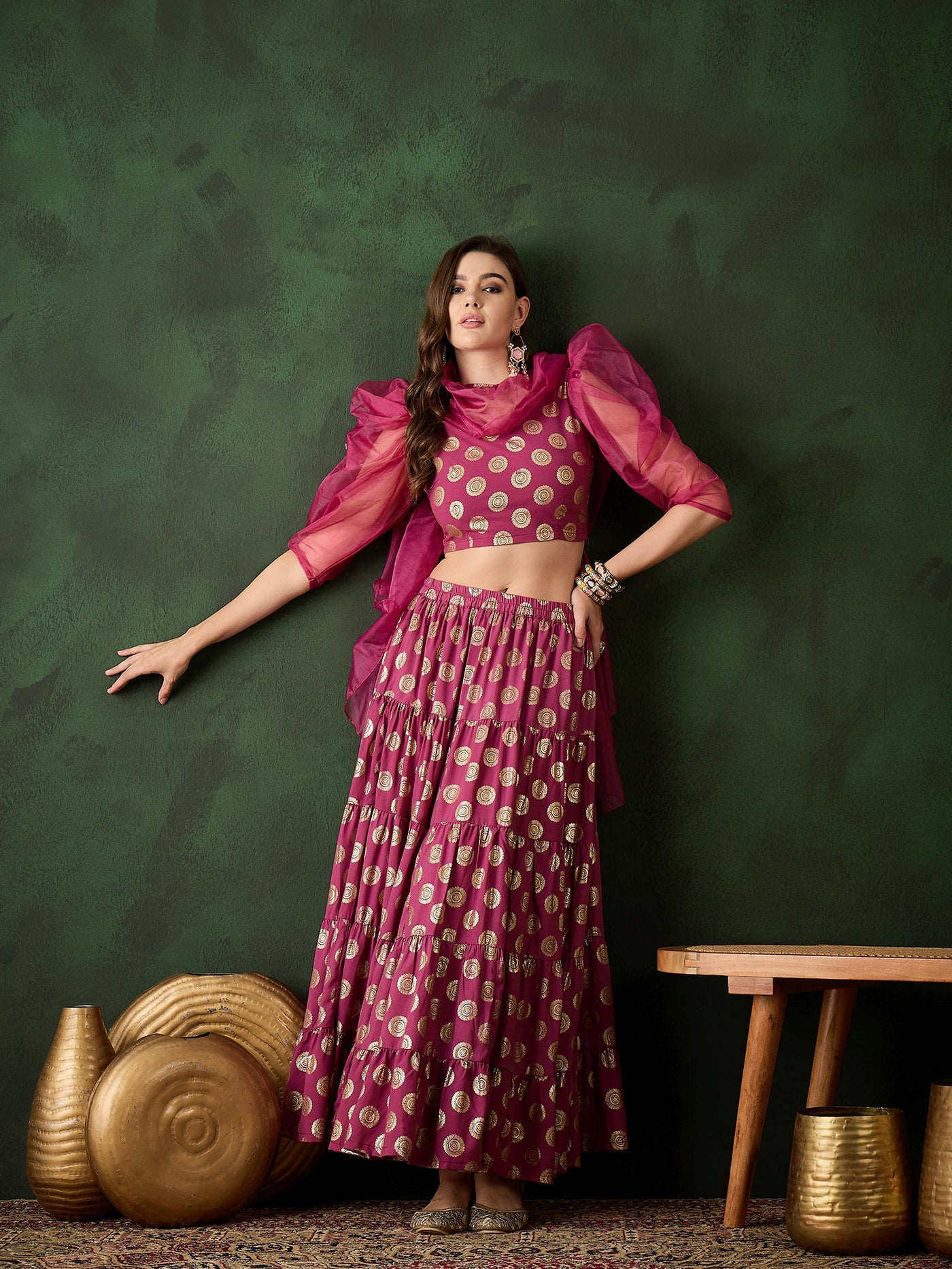 Magenta Foil Print Lehenga Choli With Dupatta