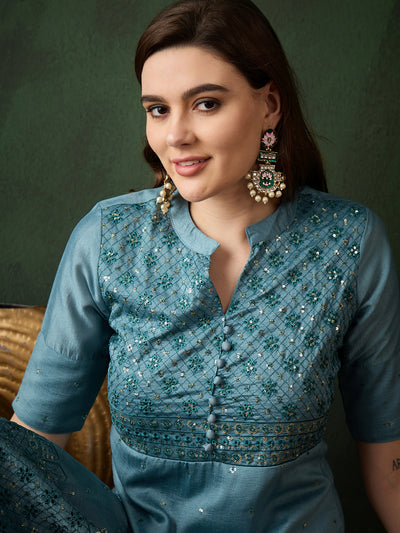 Blue Embroidered Kurta With Palazzo