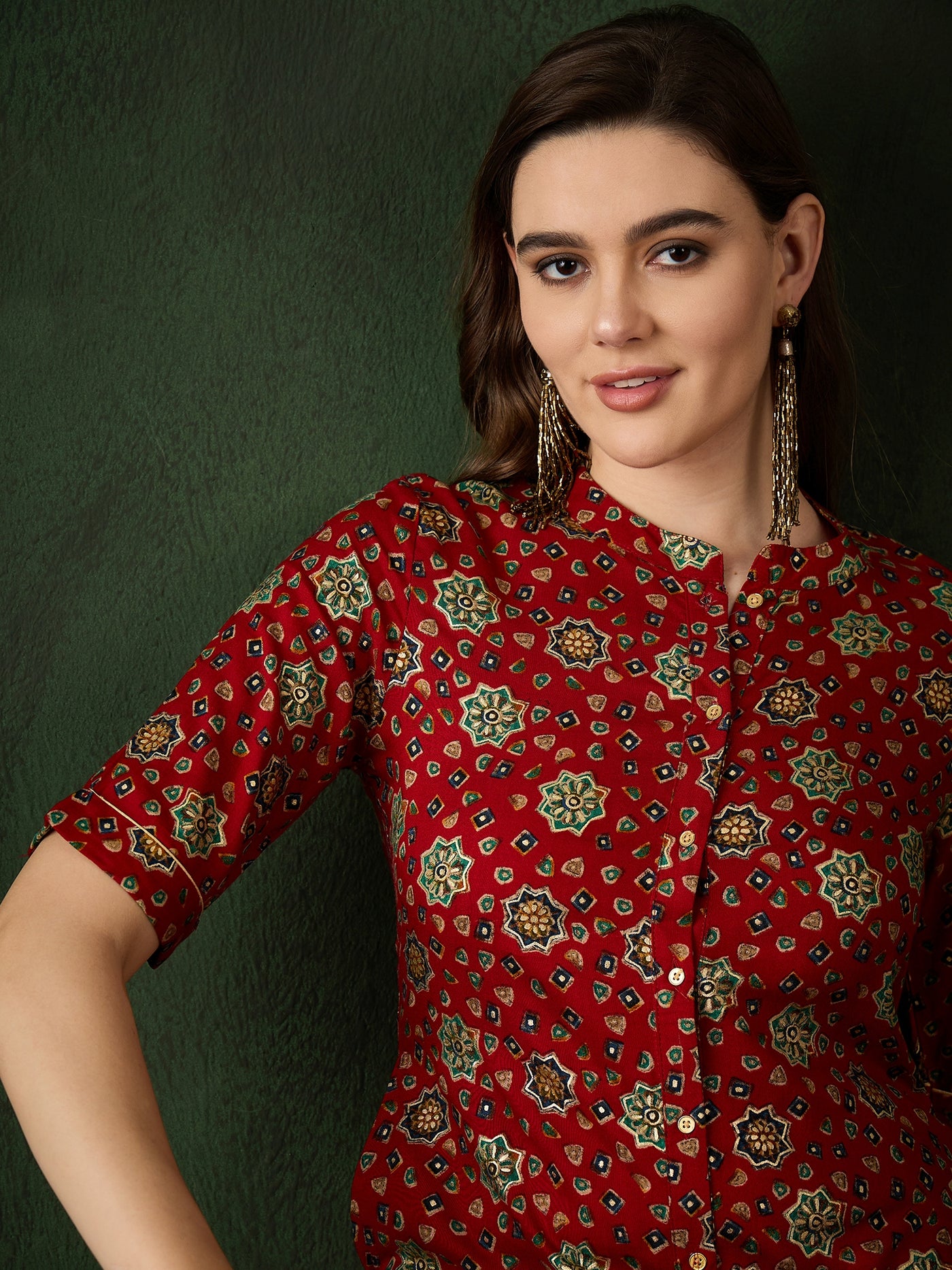 Red Gold Print Button Down Kurta