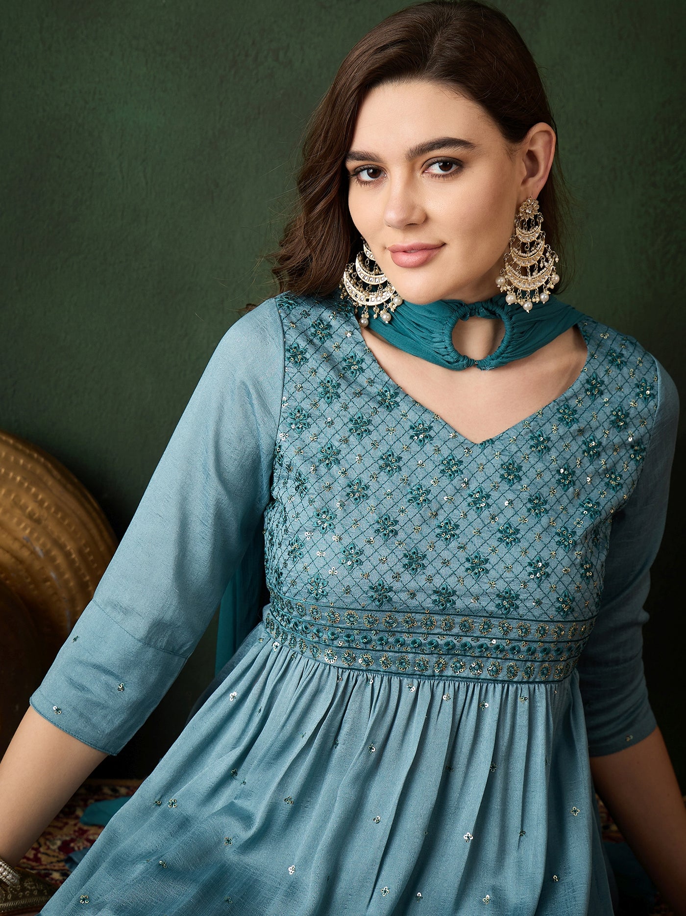 Blue Embroidered Nyra-Cut Kurta Palazzo With Dupatta